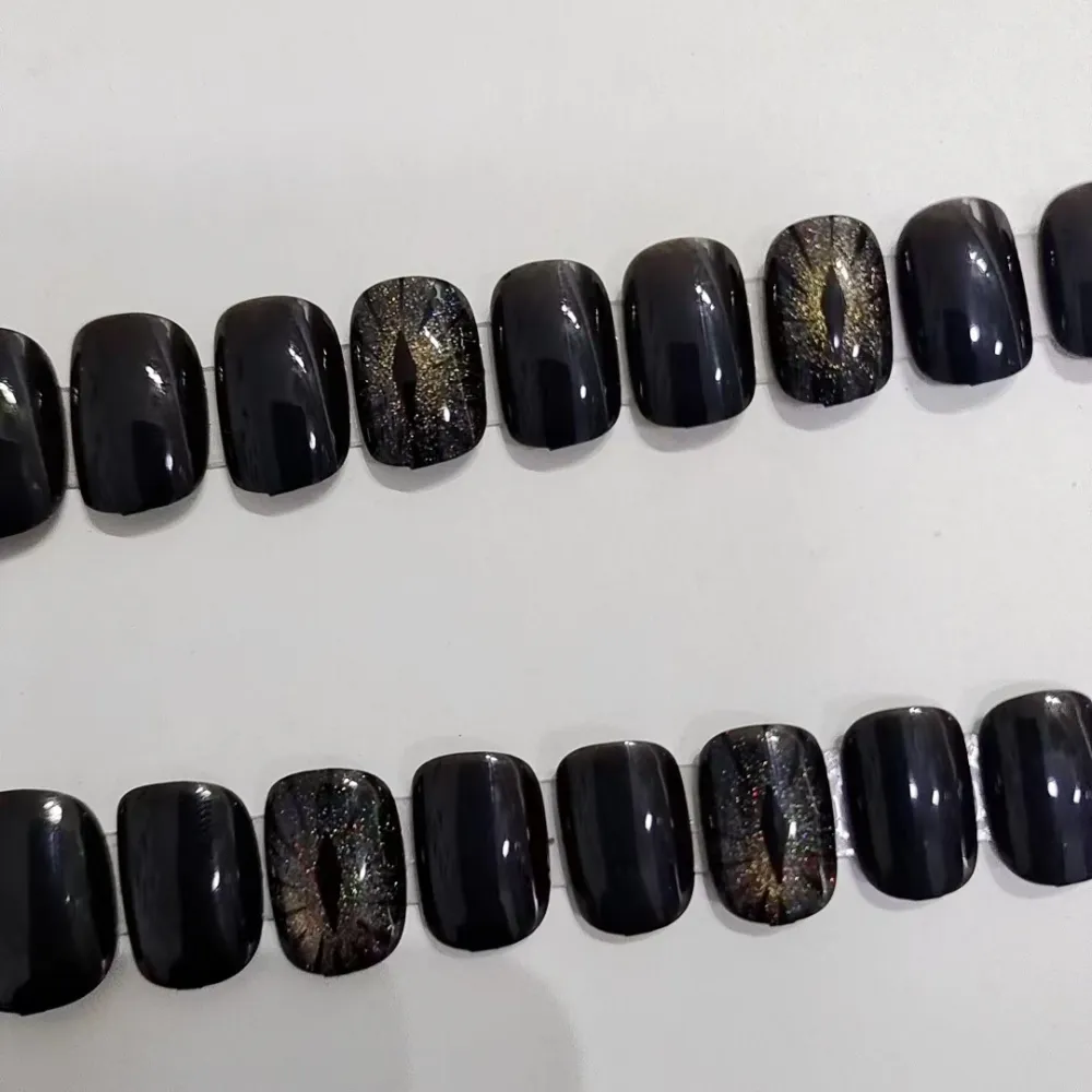 Nailhour 24Pcs Black Starry Sky Cat's Eye Devil Eye Oval Press On Nails