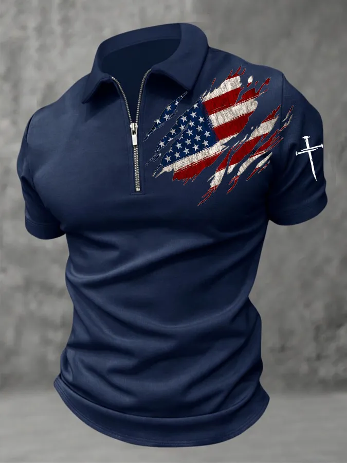 Men'S American Flag Cross Printed Zipper Collar Polo Shirt