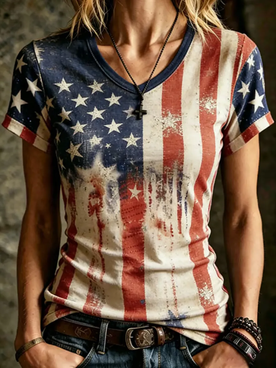 Women's Retro American 250th Anniversary V-neck Short-sleeved T-shirt
