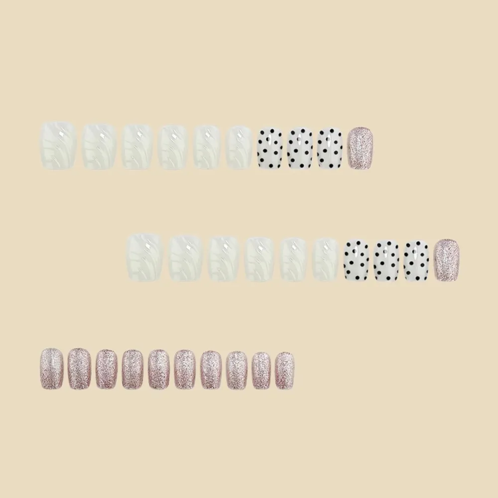 Nailhour 30Pcs 3D Glitter French Short Square Press On Nails