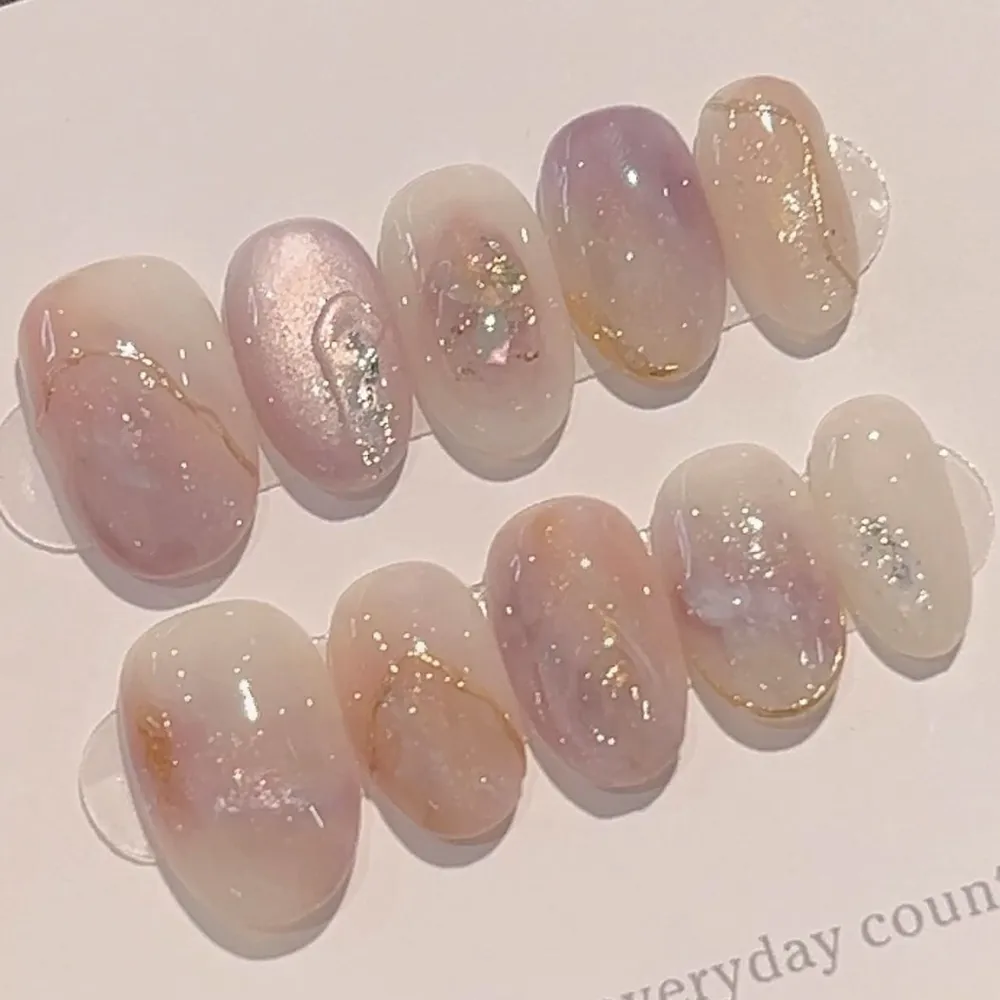 Nailhour 10Pcs Gilded Glitter Purple Short Oval Press On Nails