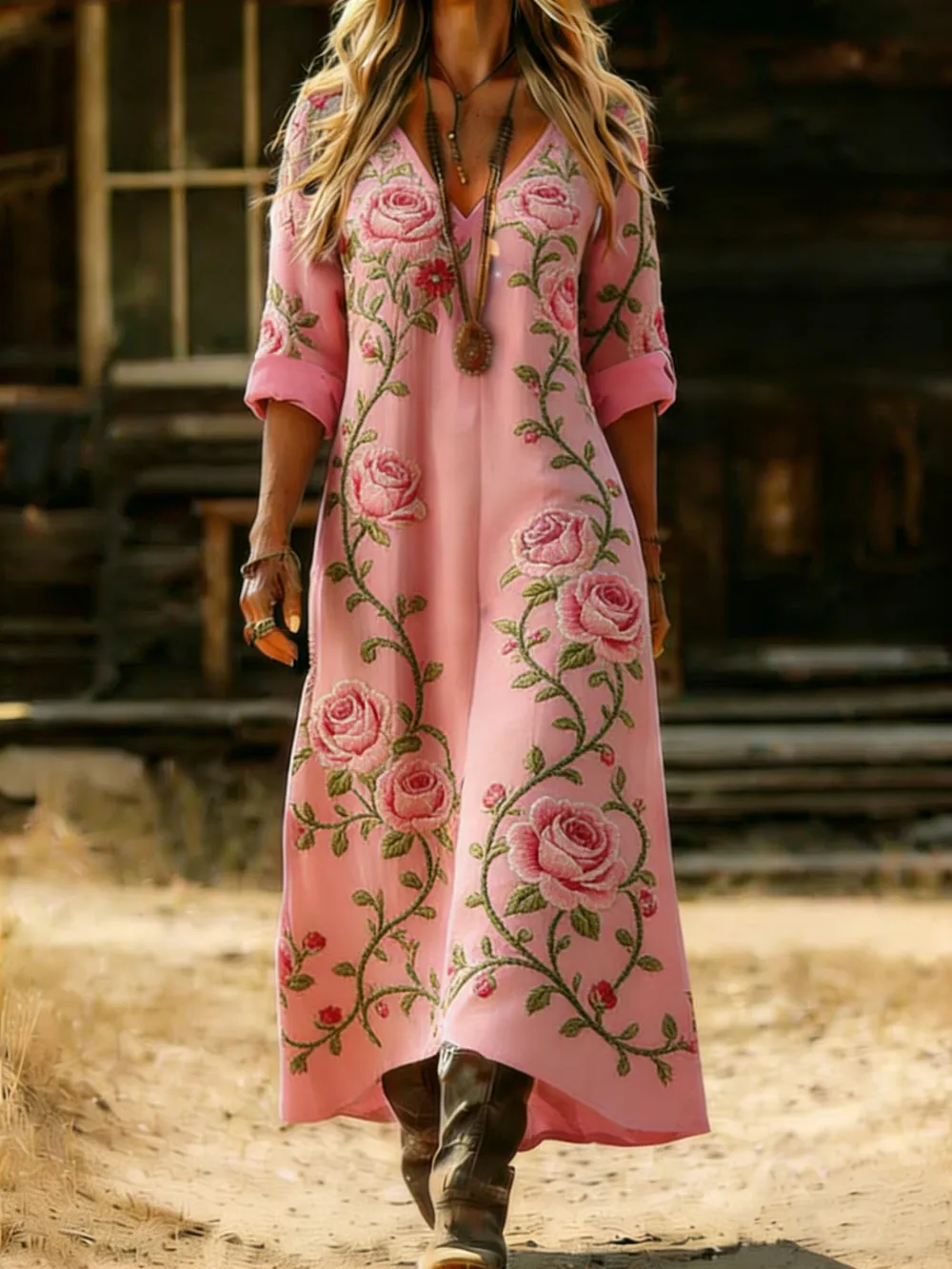 Women'S Casual Daily Rose Print V-Neck Dress