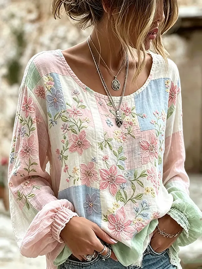Women'S Floral Printed Casual Cotton And Linen Top