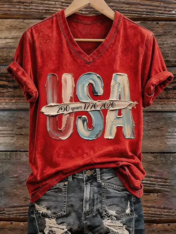 Women'S America Flag  Print Casual V-Neck T-Shirt