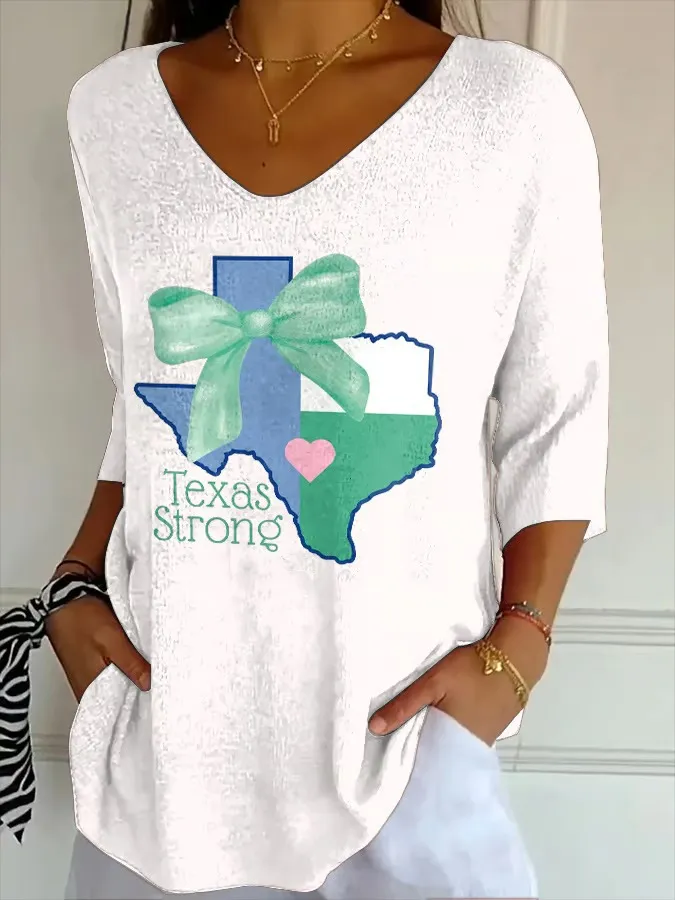 V- Neck Retro Texas Strong Green Bow Print Top