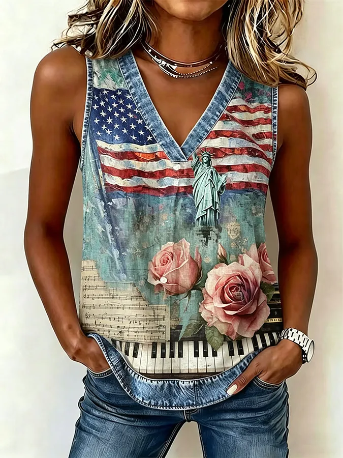 Women'S Casual American Flag Gradient Personalized Print V-Neck Vest