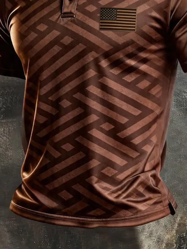 Men's Retro Patriotic Color-Block Short-Sleeve Polo Shirt