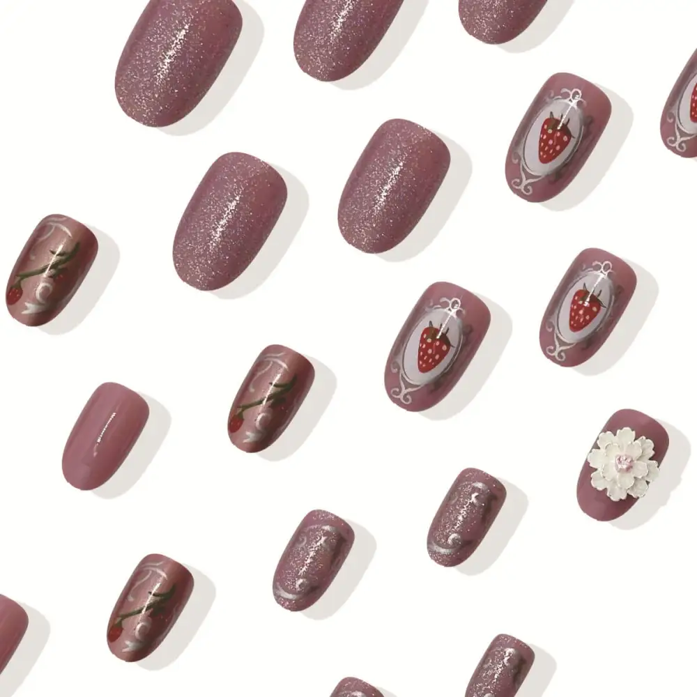 Nailhour 24Pcs 3D Chrome Floral Short Oval Sheer Press On Nails