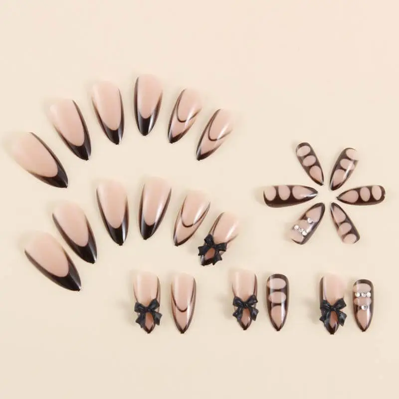 Nailhour 24Pcs Long Almond Bow Rhinestone Decoration Press On Nails