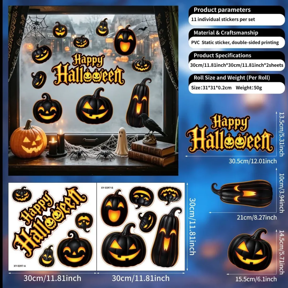 2Pcs Halloween Spooky Pumpkin Static Window Stickers Party Supplies