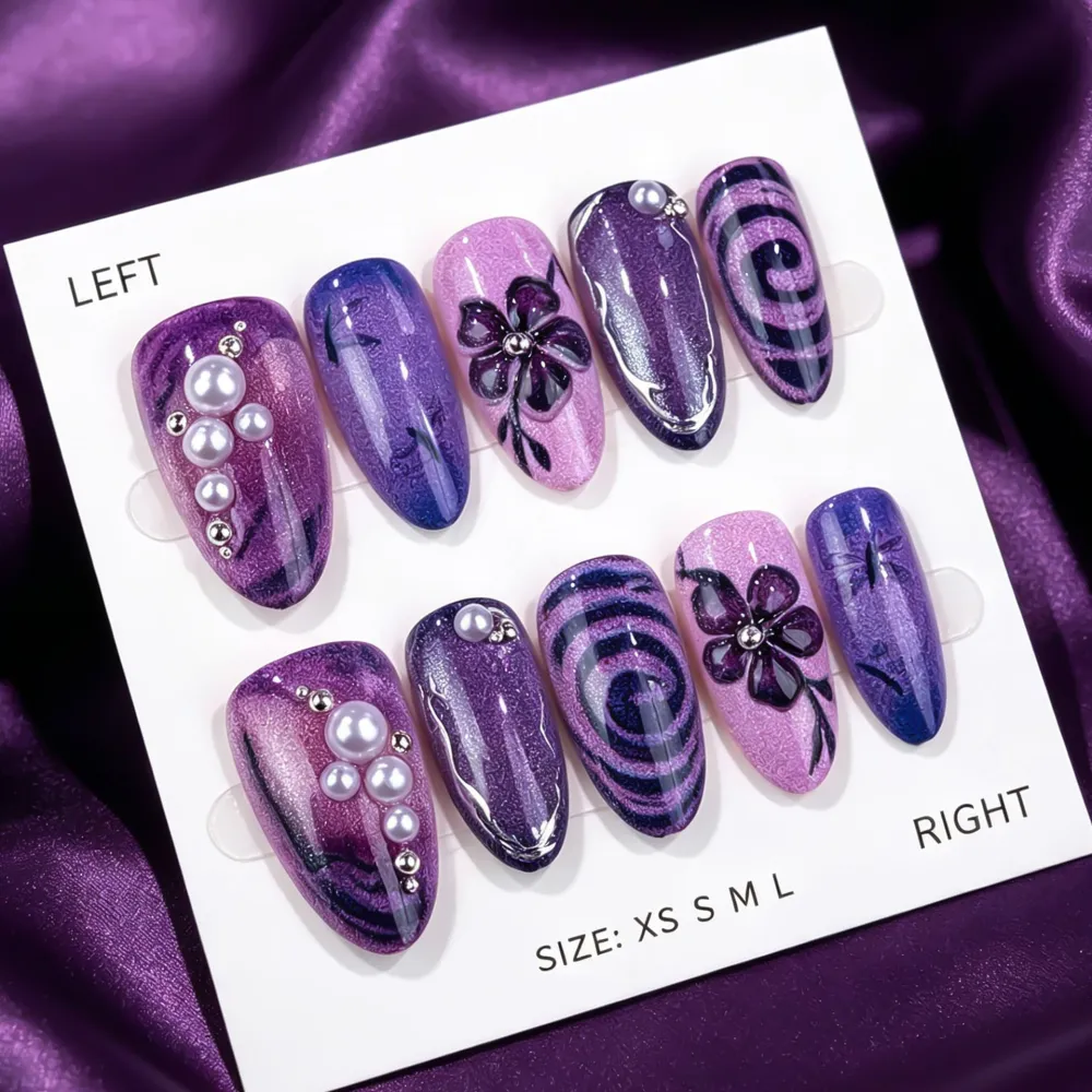 Nailhour 30Pcs Purple Floral 3D Medium Almond French Press On Nails