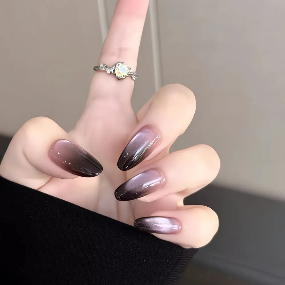 Nailhour 10Pcs Purple Cat Eye Gradient Long Oval Press On Nails