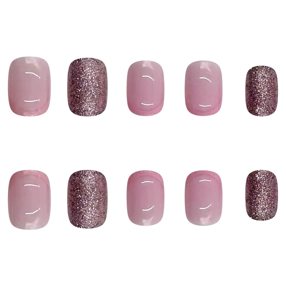 Nailhour 24Pcs Pink Glitter Short Squova Press On Nails