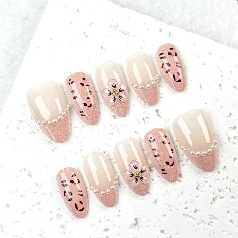 Nailhour 30Pcs Pink Pearl 3D Medium Almond French Press On Nails