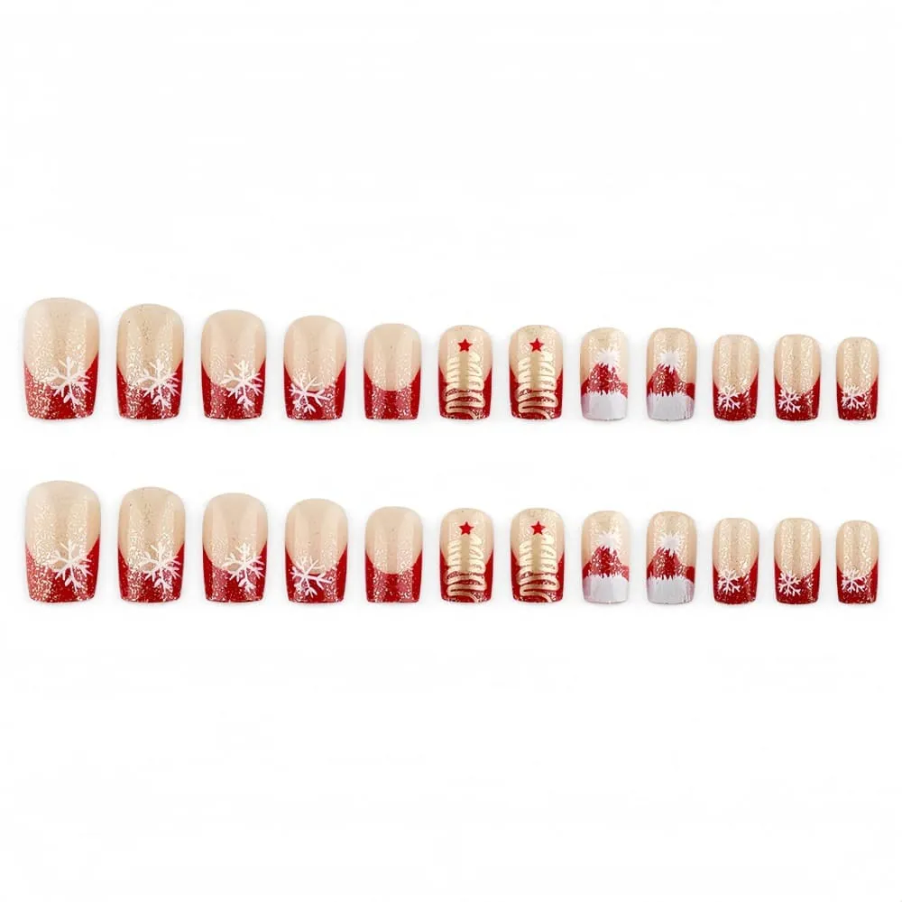 Nailhour 24Pcs Snowflake Medium Square Red French Press On Nails