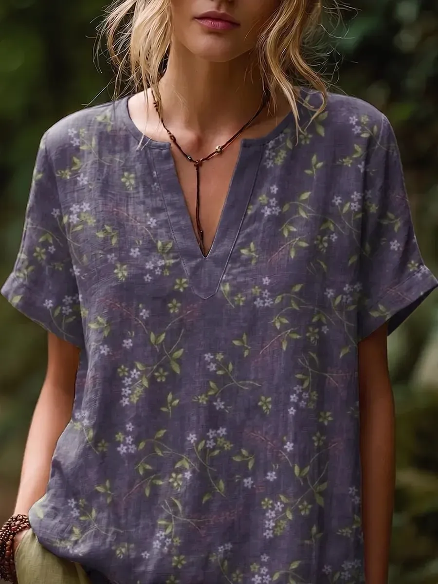 Floral Purple Women's Art Printed Casual Short Sleeved V-Neck Cotton And Linen Shirt