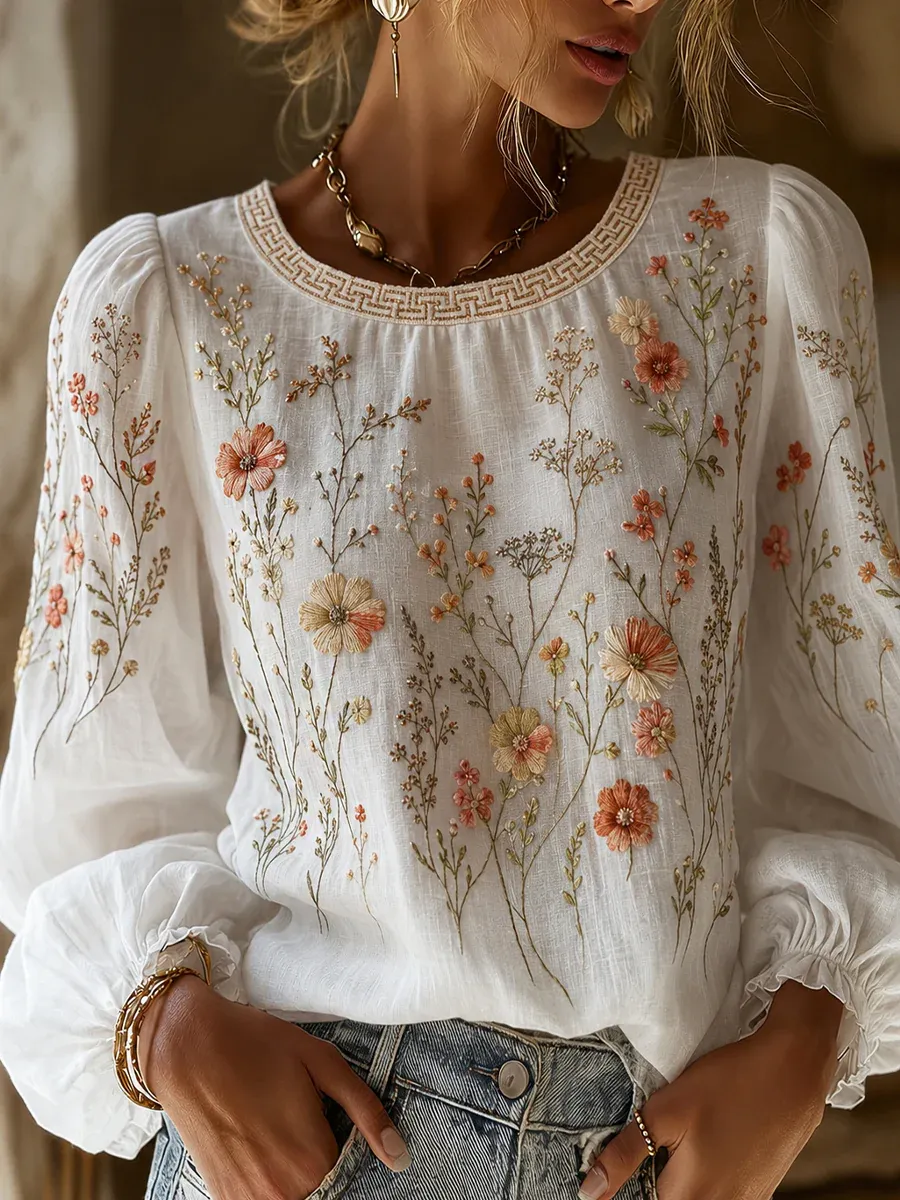 Women'S Floral Printed Casual Cotton And Linen Top