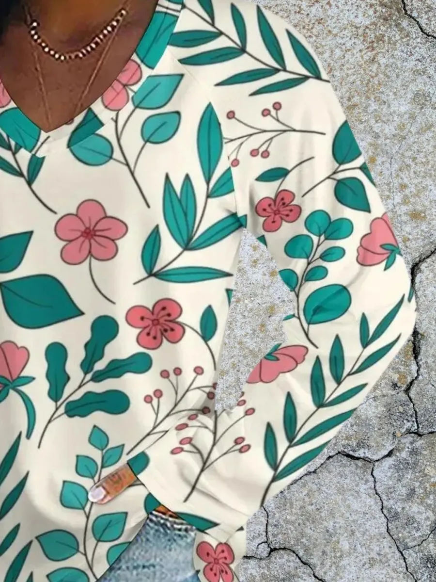 Flower and Leaf Print T-Shirt