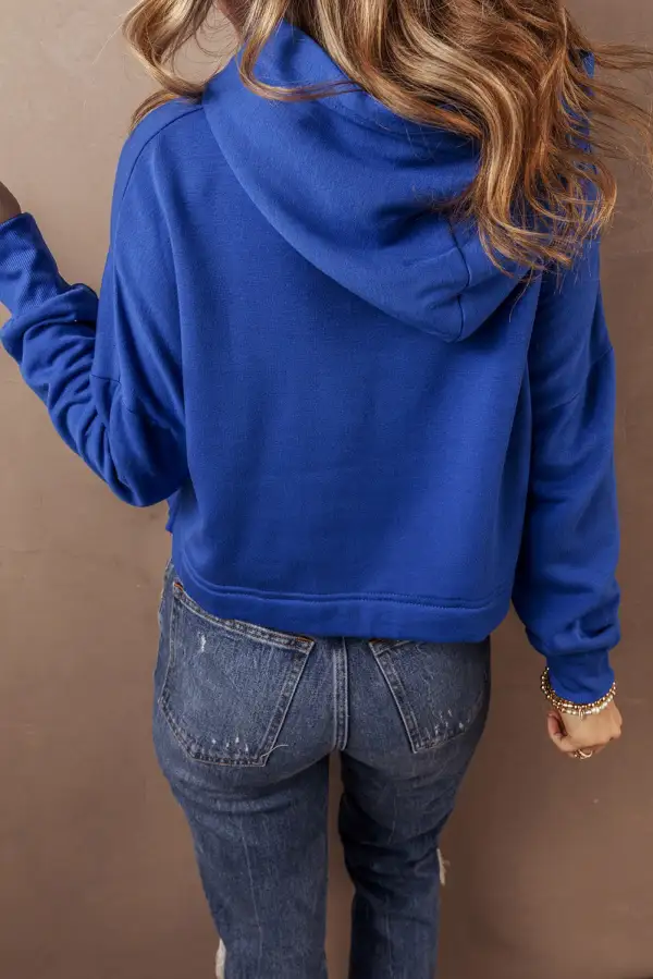 Modern Solid Drop Shoulder Drawstring Cropped Hoodie