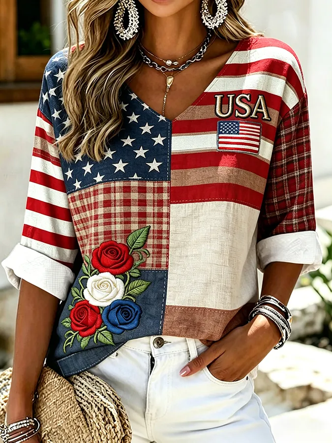 Women's American 250th Anniversary Three-Quarter Sleeve V-Neck Top