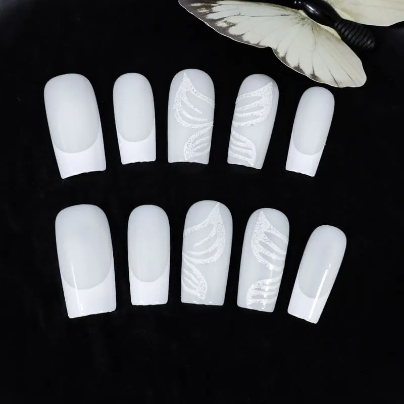 Nailhour 24Pcs White Glitter Medium Square French Press On Nails