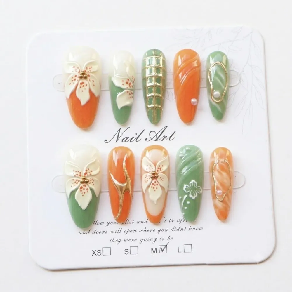 Nailhour 30Pcs Autumn 3D Floral Long Almond Press On Nails