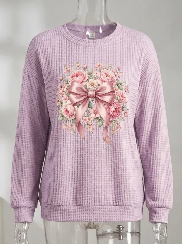 Women's Breast Cancer Awareness Pink Bow Floral Printed Waffle Sweatshirt