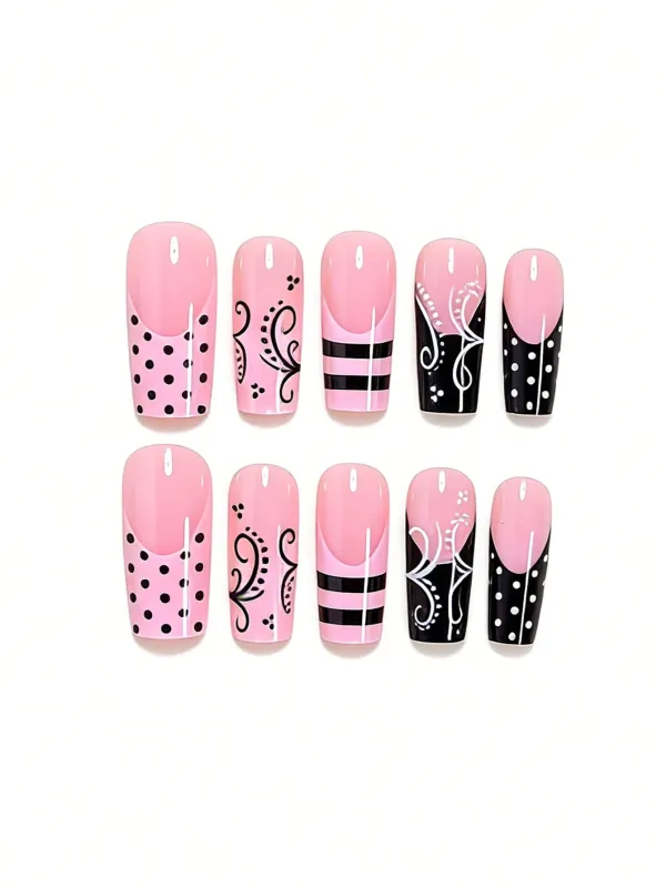 Nailhour Y2K Retro Black And Pink Contrast Polka Dot 24 Pcs Press On Nails