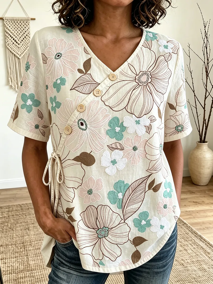 Pastel Floral Embroidered Asymmetric V-Neck Linen Blend Blouse