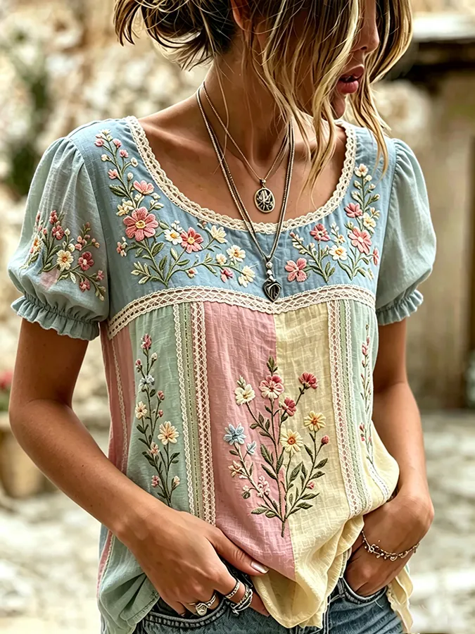 Women's Boho Floral Patchwork Embroidered Puff Sleeve Top