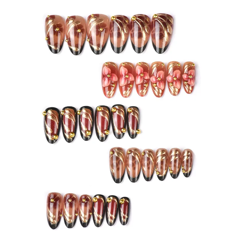 Nailhour 30pcs Metallic Gold Almond Brown Leopard French 3D Press On Nails
