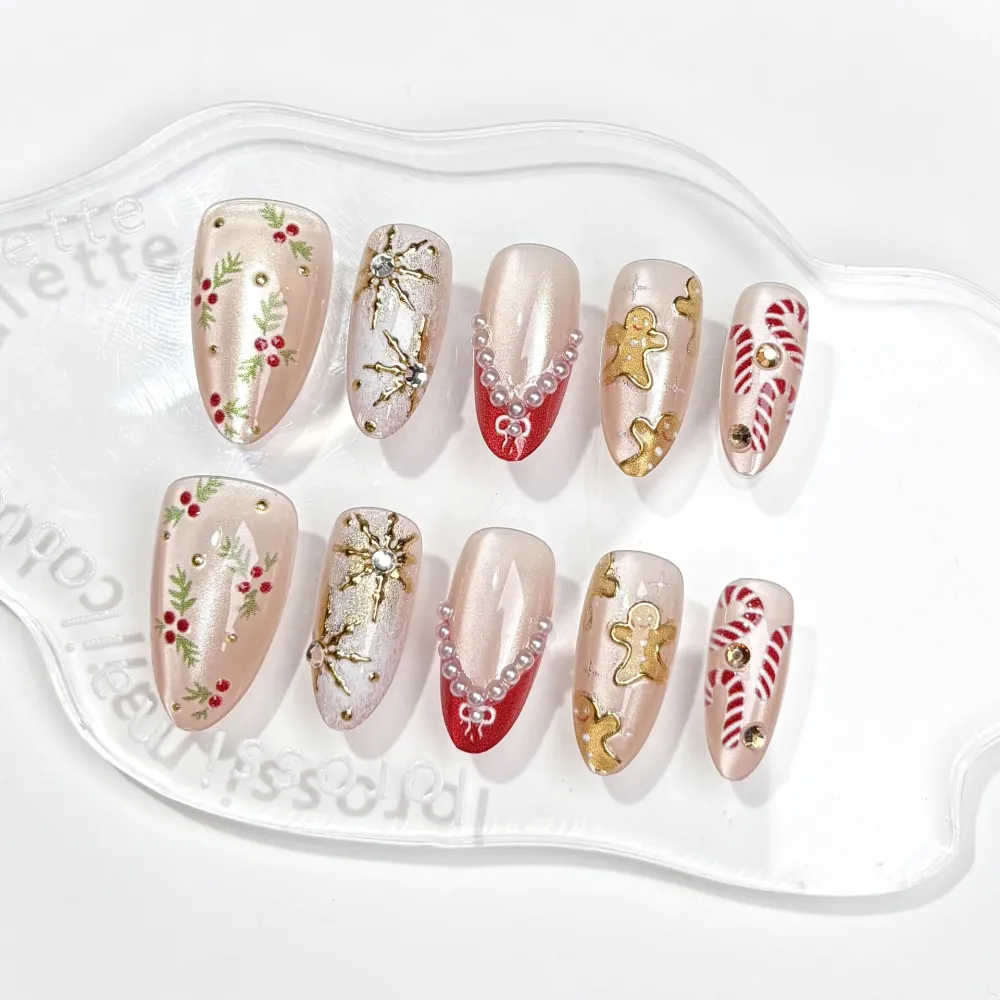 Nailhour 30Pcs Gingerbread Man Christmas Medium Almond French Press On Nails