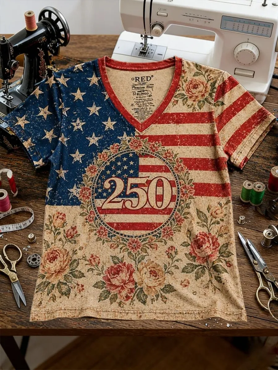 Vintage American Flag Floral Print Women's V-neck T-shirt