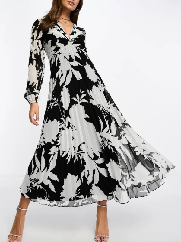 Pleated V-Neck Maxi Dress