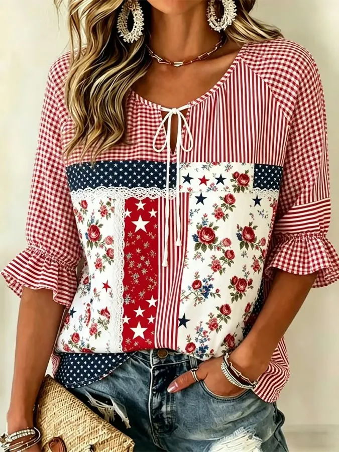 Women's Round Neck Patriot Print Cotton And Linen Top