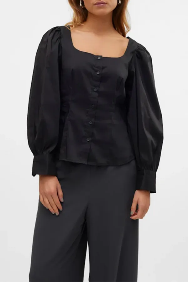 Puff Sleeve Square Neck Black Shirts