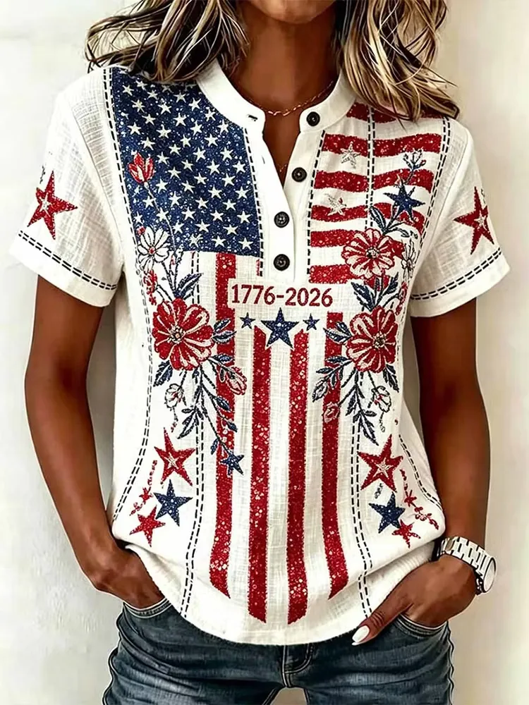 Ladies' Leisure 250Th Anniversary National Day Celebration Personalized Printed Henry Top