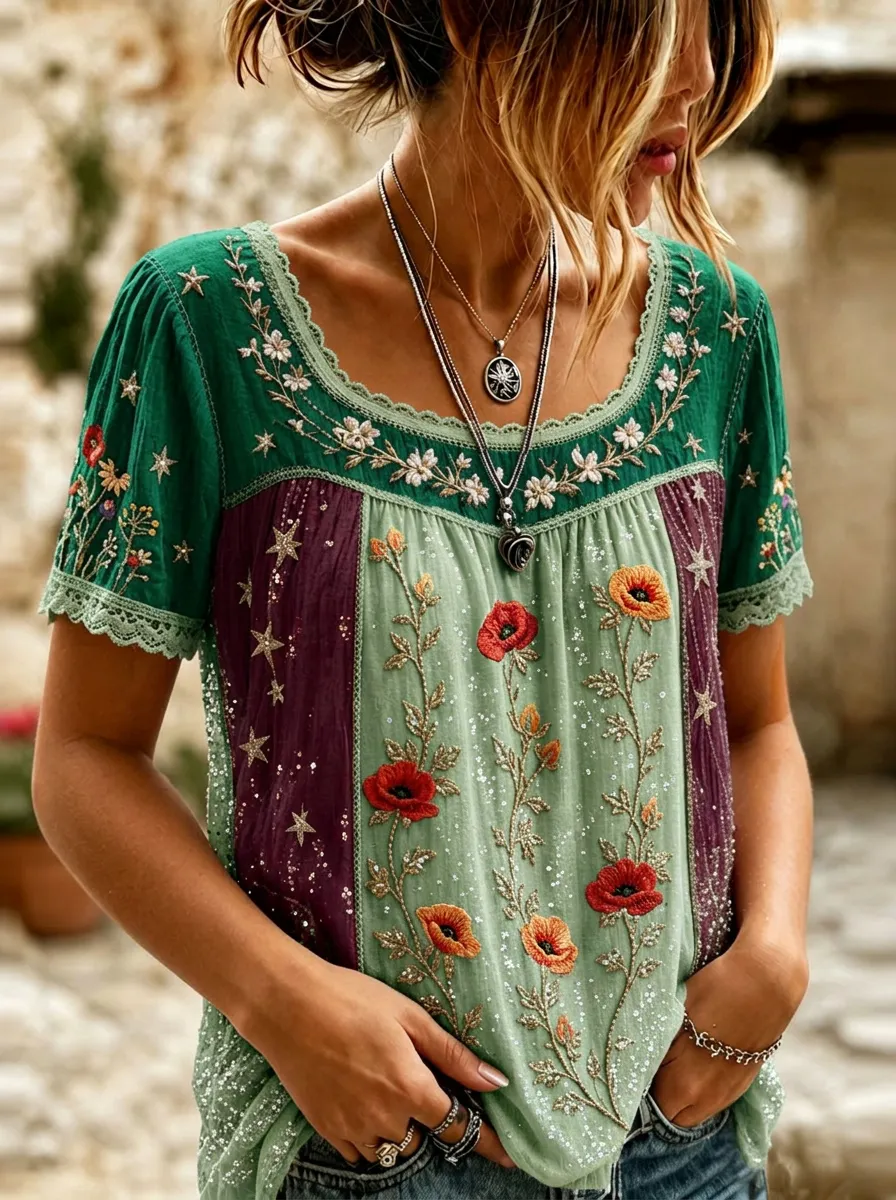 Women's Boho Floral Poppy Star Embroidered Printed Short Sleeve T-shirt