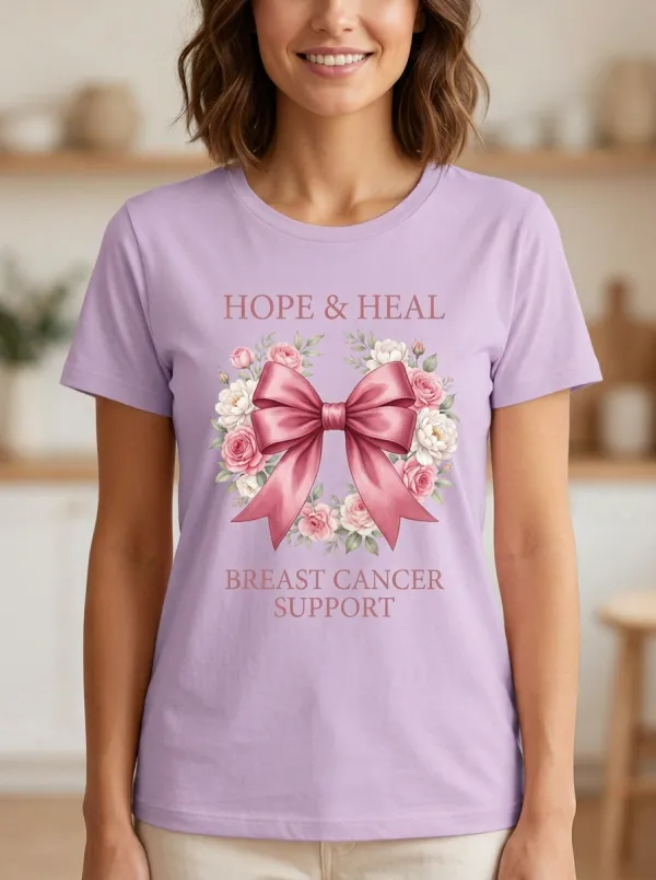 Women's Breast Cancer Awareness Hope & Heal Floral Ribbon Printed T-shirt
