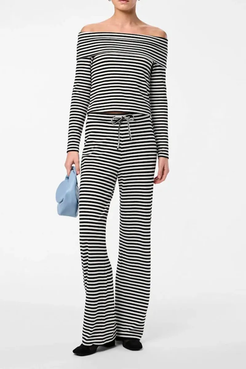 Striped Off The Shoulder Long Sleeve Tops