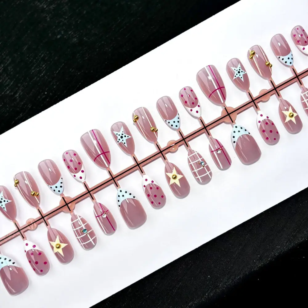 Nailhour 30Pcs Medium Almond Polka Dot Stars Press On Nails