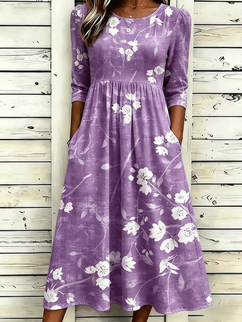 Women's Floral Summer Dress Crew Neck Half Sleeve A-Line Dress