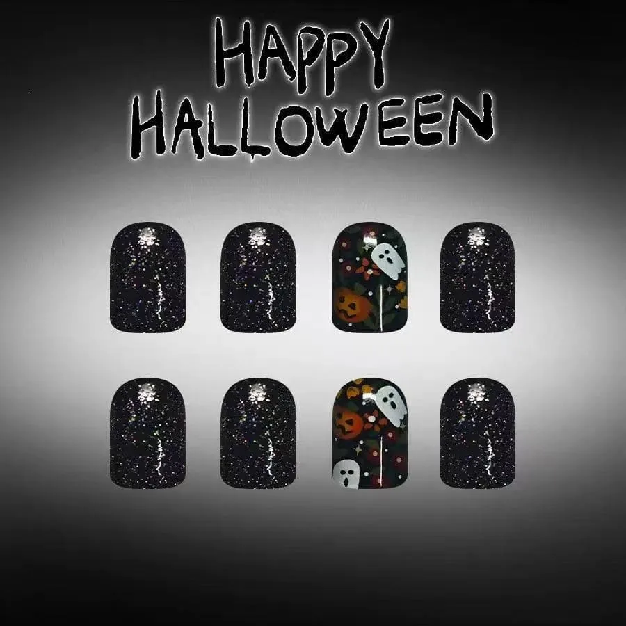 Nailhour 24Pcs Black Glitter Pumpkin Halloween Short Square Press On Nails