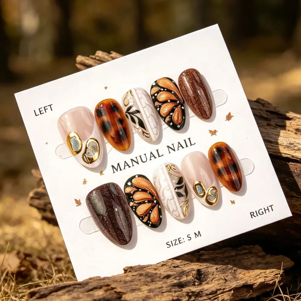 Nailhour 30Pcs Brown Butterfly Medium Almond Autumn Press On Nails