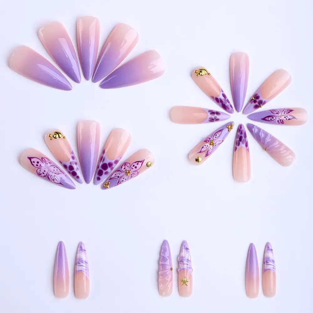 Nailhour 24Pcs French Long Almond 3D Seashells Purple Dreams On Nails