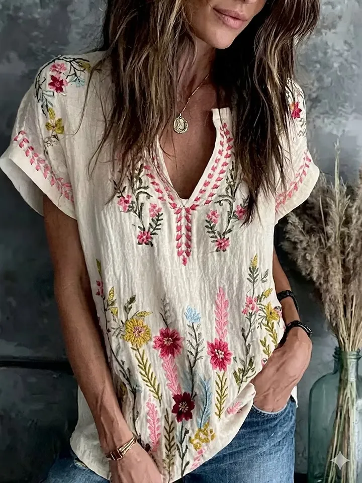 Women's Retro Floral Printed Linen Short Sleeved Waistband Top