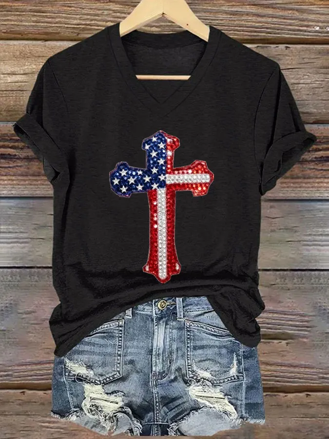 Women'S America Flag Cross Print Casual V-Neck T-Shirt