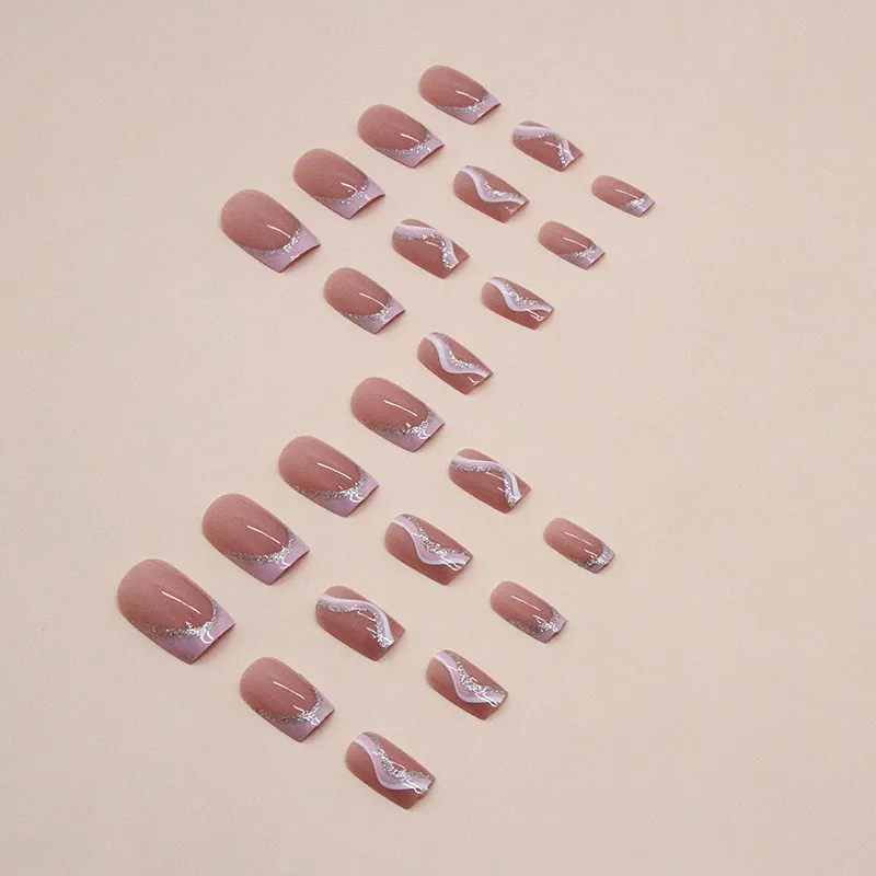 Nailhour French Square Nude Clean Girl 24Pcs Pink Wedding Press On Nails