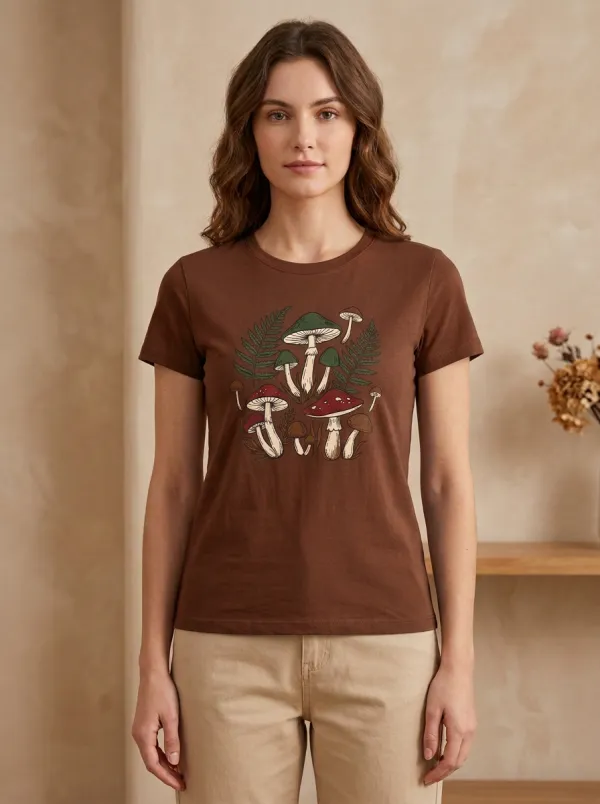 Botanical Cottagecore Mushroom Fern Printed Women's Graphic T-Shirt