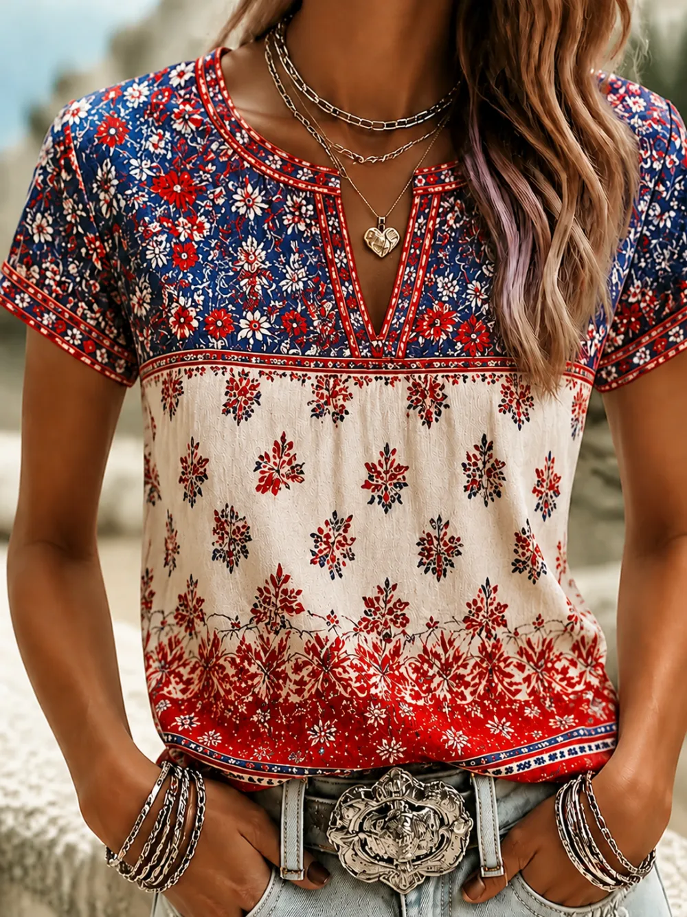 Women'S Casual Cotton Linen American Independence Day Floral Art Printed Short Sleeved T-Shirt